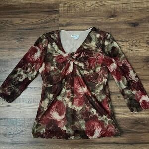 Burgundy Green Floral 3/4" Sleeve Mesh Front Knot Blouse Small Coquette‎ Boho